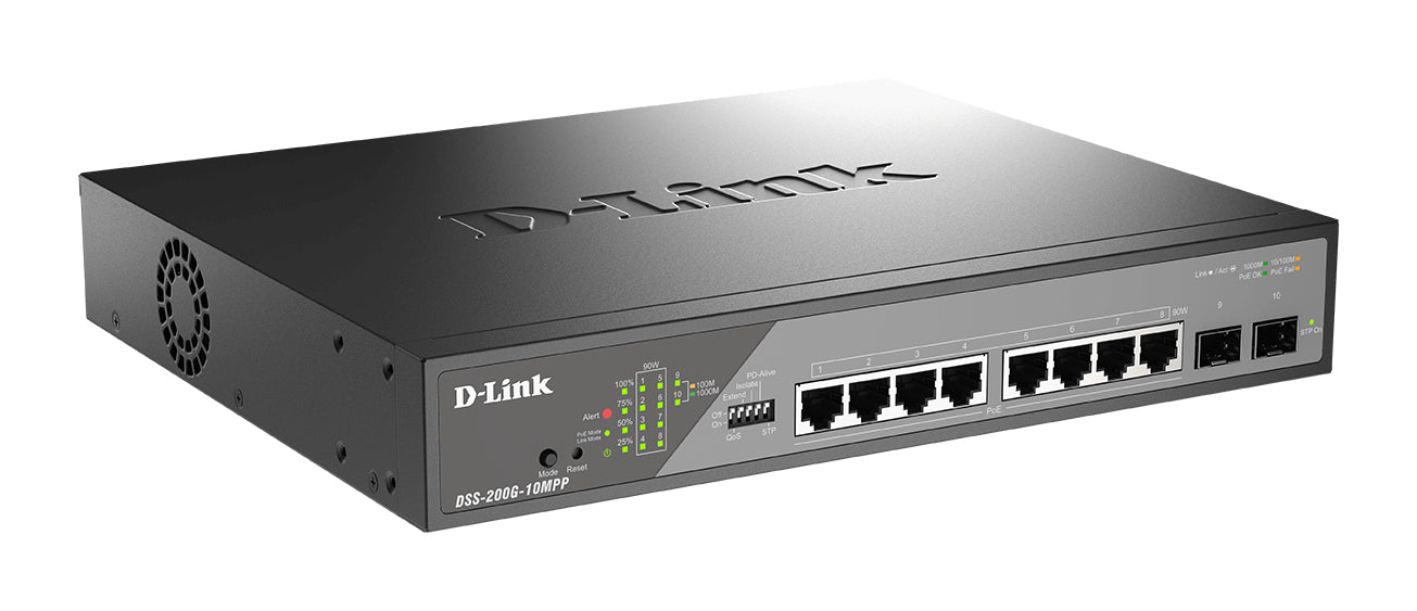 D-Link DSS-200G-10MPP/E – Managed Switch – 8×GbE, 2×SFP, L2, PoE++ 242 W, 1U