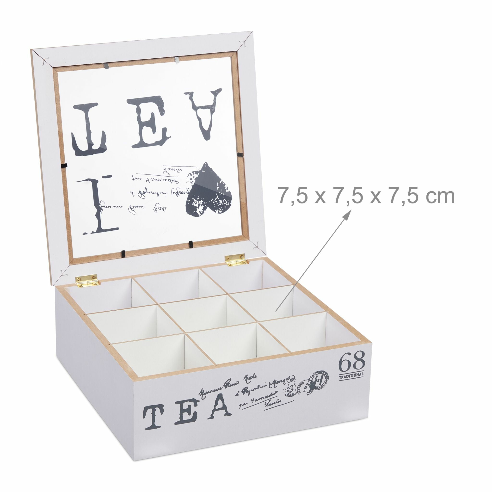 Relaxdays Teebeutelbox Acryl/MDF, 9 Fächer, 25 × 25 × 9 cm, Grau/Weiss