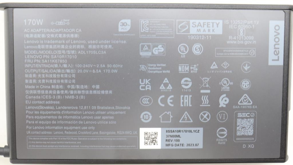 Lenovo 5A11K67850 AC-Adapter 170 W – 20 V, 8,5 A – für ThinkPad – schwarz