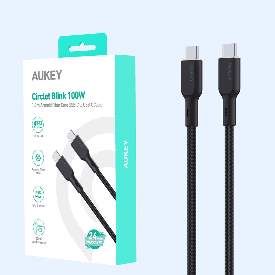 AUKEY USB-C auf USB-C Kabel – USB 2.0 (480 Mbit/s) – 1,8 m – PD 100 W – Geflochtenes Nylon – Schwarz