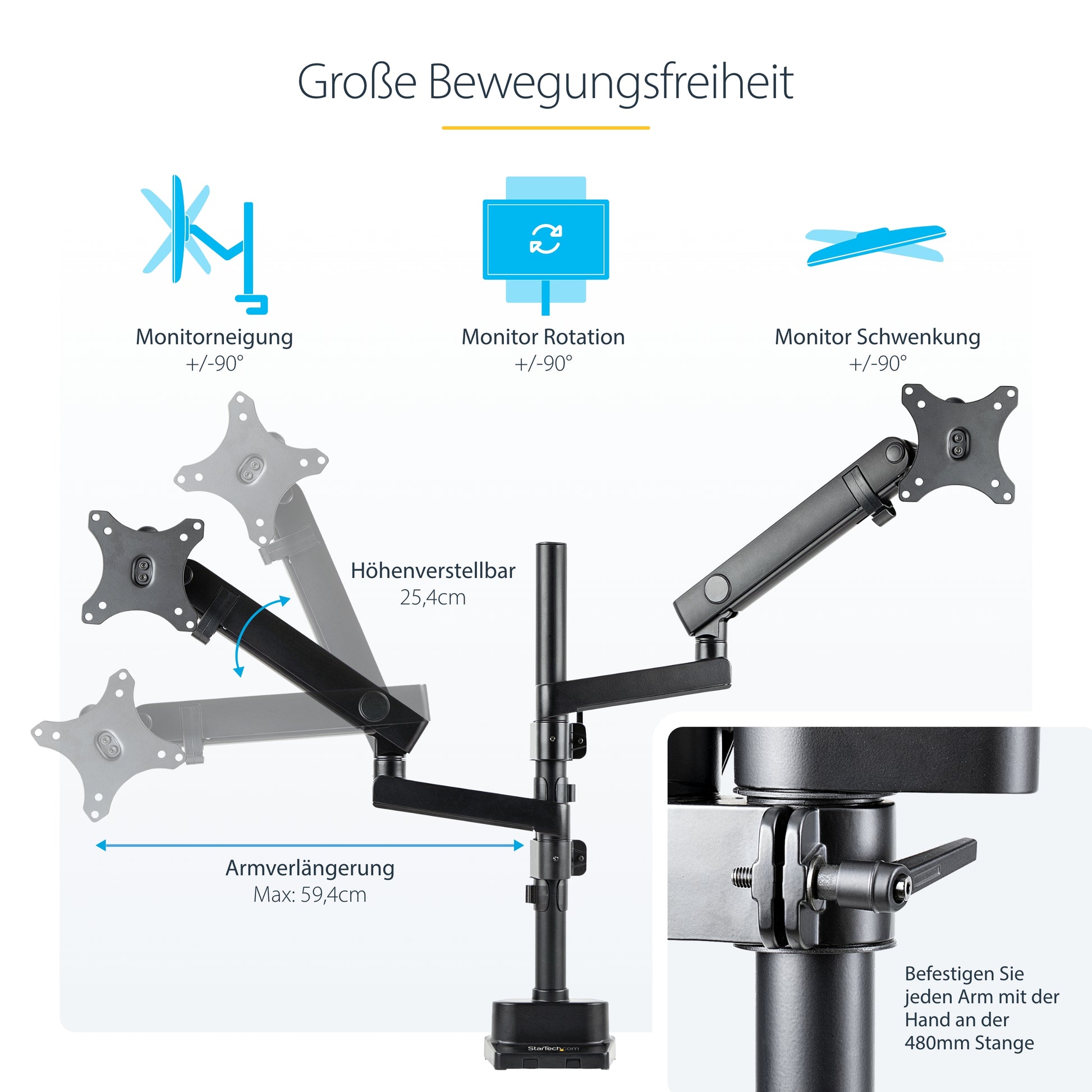 StarTech.com Monitorarm Tischhalterung – 2 Monitore – bis 32" – VESA 75×75/100×100 mm – bis 8 kg/Monitor