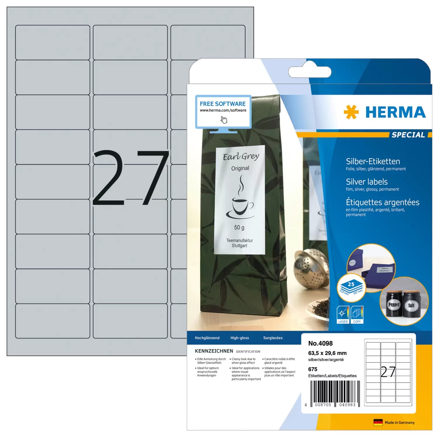 HERMA Drucketiketten, 64 mm × 30 mm, silber, Folie, permanent, 25 Blatt