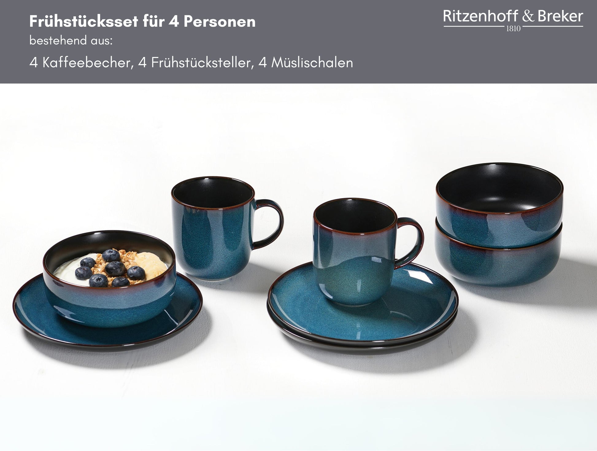 Ritzenhoff & Breker Frühstücks-Serviceset Bali – 12-teiliges Set, Steinzeug, Blau, spülmaschinenfest