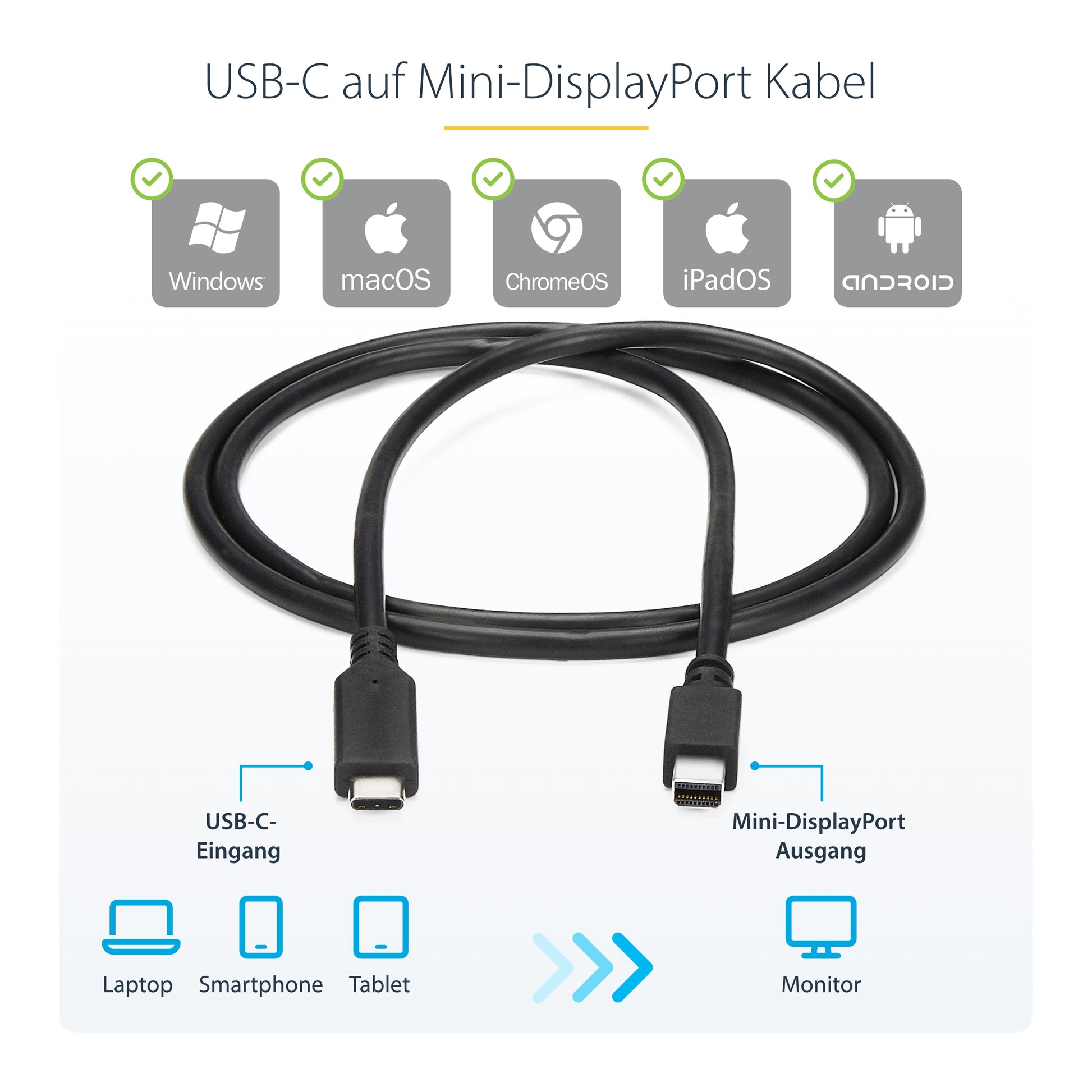 StarTech.com USB-C (Stecker) auf Mini DisplayPort (Stecker) Adapter, 4K@60 Hz, 1,8 m