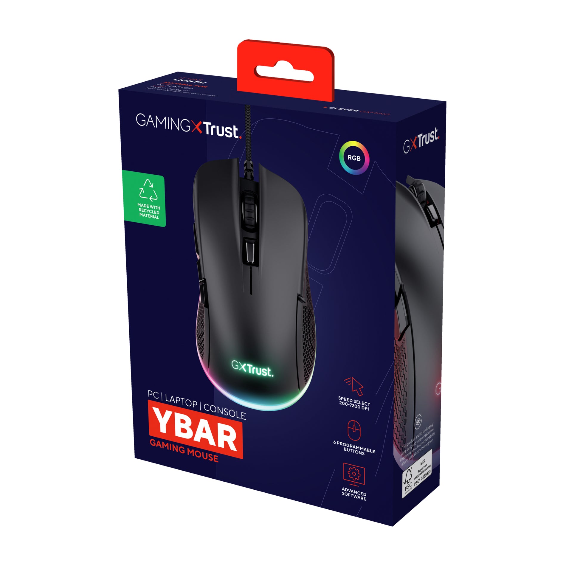 Trust GXT 922 Ybar – Gaming-Maus – Kabelgebunden (USB-A), 7200 DPI, RGB-Beleuchtung, rechts, Schwarz