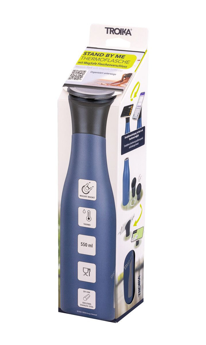 TROIKA STAND BY ME Isolierflasche 550 ml – doppelwandig 12 h heiss/24 h kalt, Edelstahl, Klappdeckel, Blau