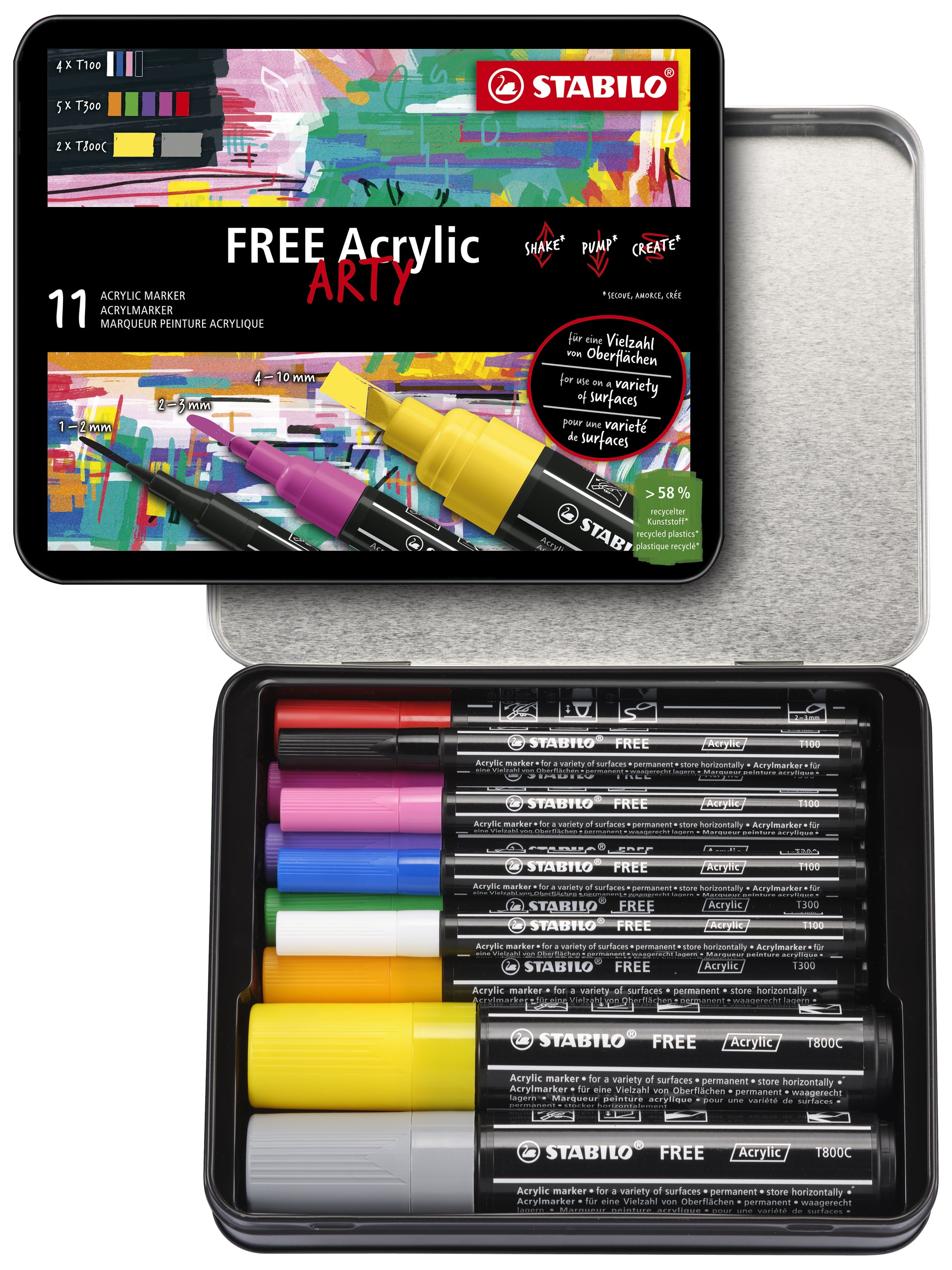 STABILO FREE Acrylmarker – 3 mm – mehrfarbig, 11er-Set, für Stein