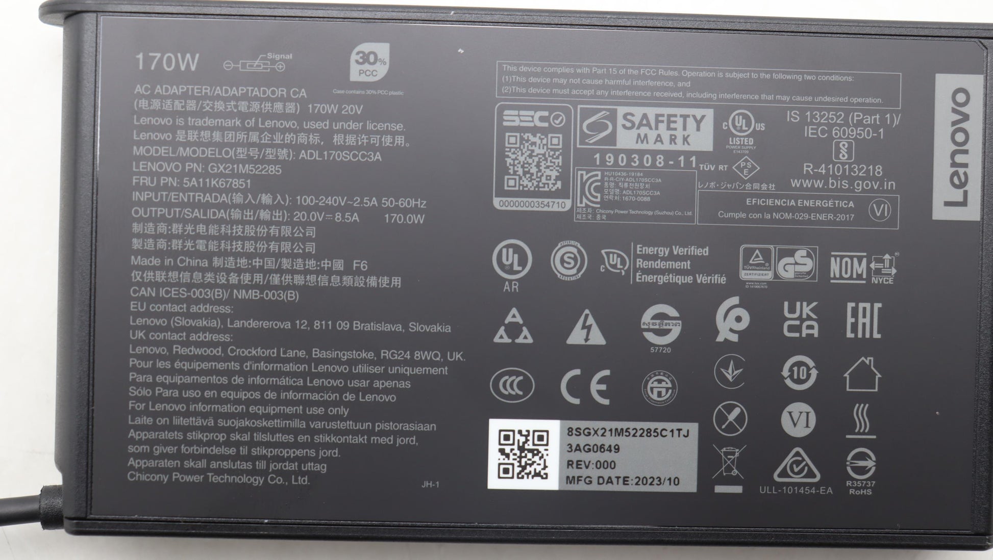 Lenovo Slim AC-Adapter Netzteil 170 W – 20 V, 8,5 A – für Lenovo-Laptops, schwarz