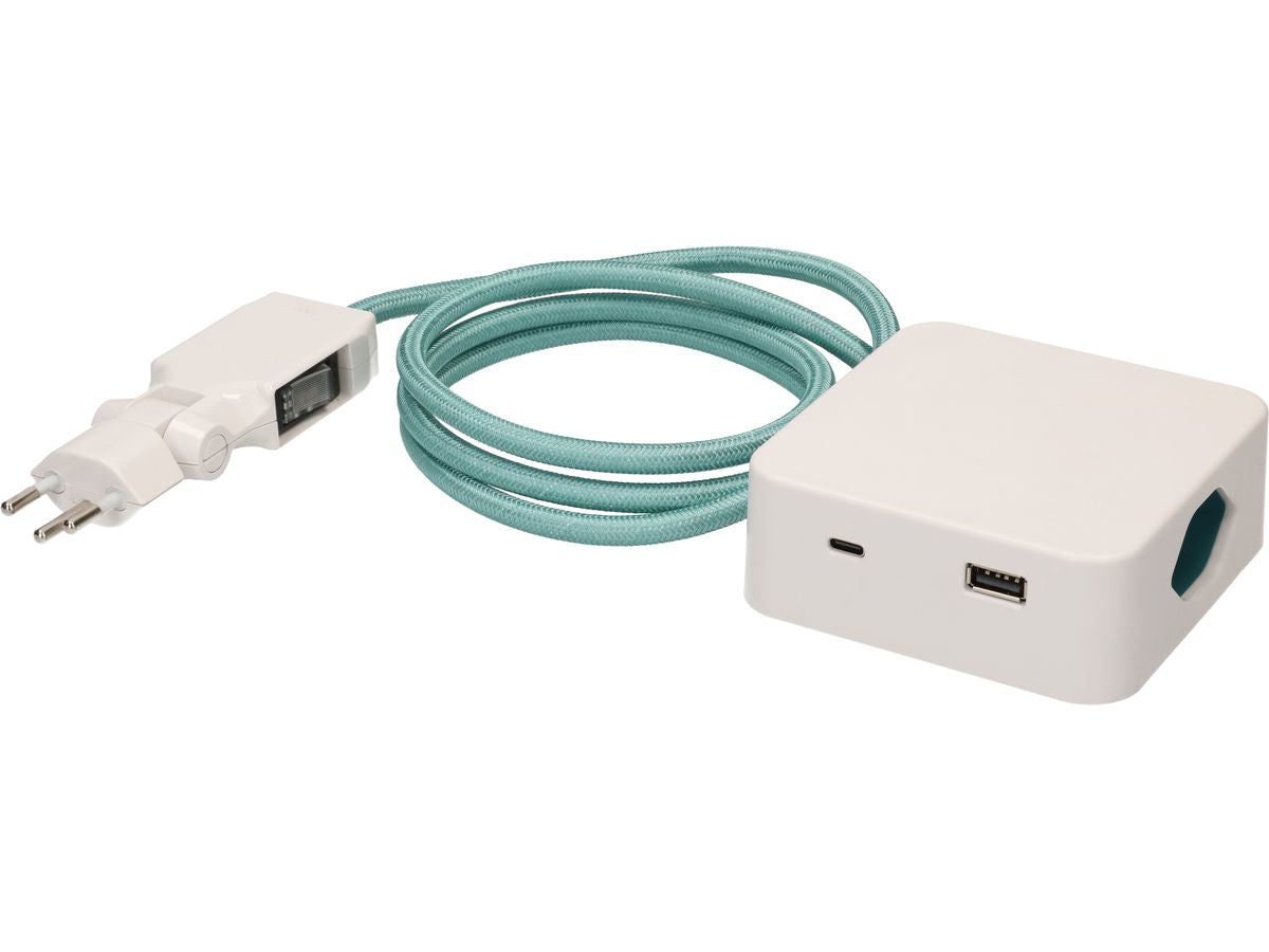 maxTEX Cube Steckdosenleiste – 3× T13, USB‑A/C, 2 m, ohne Schalter, weiss/türkis