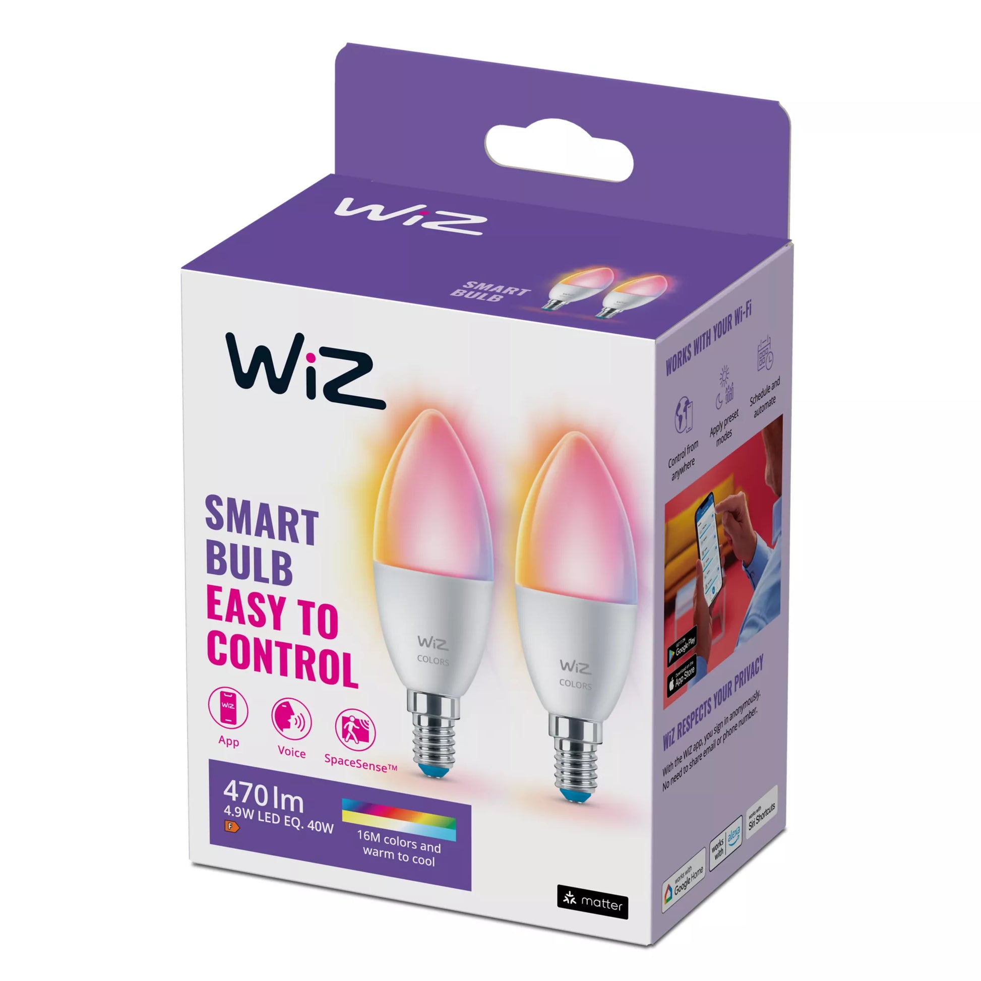 WiZ Smart-Leuchtmittel E14 C37 – RGB+CCT 2200–6500 K, 470 lm, 4,9 W, WLAN/Bluetooth – 2 Stk.