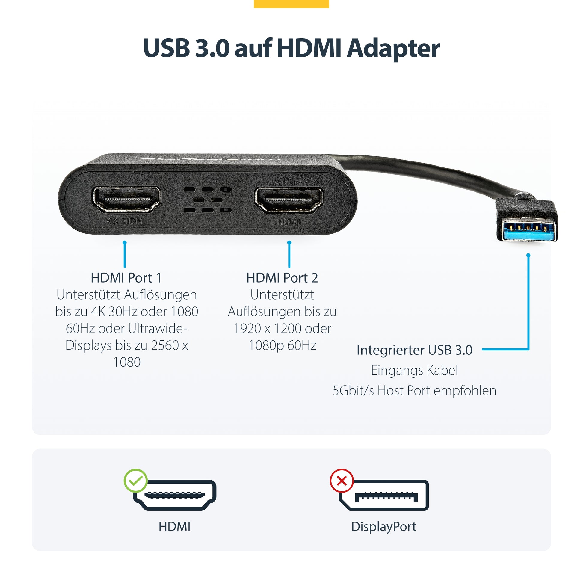 StarTech.com USB-A zu 2× HDMI Adapter – 4K (3840 × 2160) @ 30 Hz + 1080p, USB 3.2 Gen 1, für Windows