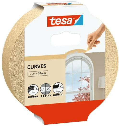 tesa Krepp-Abdeckband – 38 mm × 25 m, beige, für Innenbereich; für Kurven, rückstandsfrei bis 7 Tagen