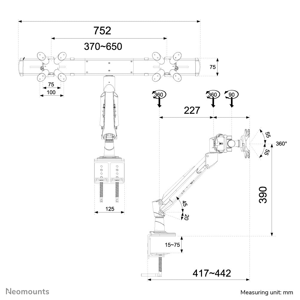 Neomounts Monitorarm, Dual, Tischklemme, bis 24", höhenverstellbar (Gasfeder), Silber
