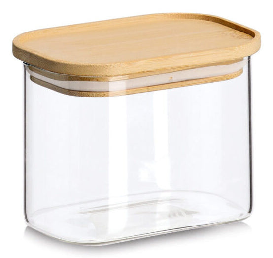 Zeller Present Vorratsdose 600 ml, 12,8 × 9 × 10 cm, Glas (Borosilikat)/Bambus, transparent/braun