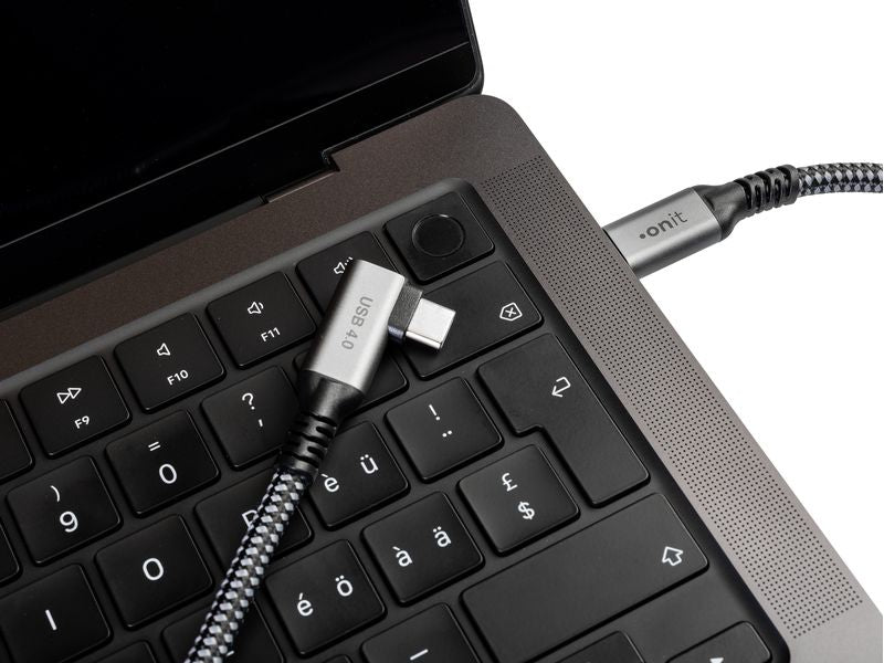 ONIT USB-C auf USB-C Kabel – USB4 20 Gbit/s – 5 m – PD 60 W – Textilmantel, Abgewinkelt – Schwarz/Grau