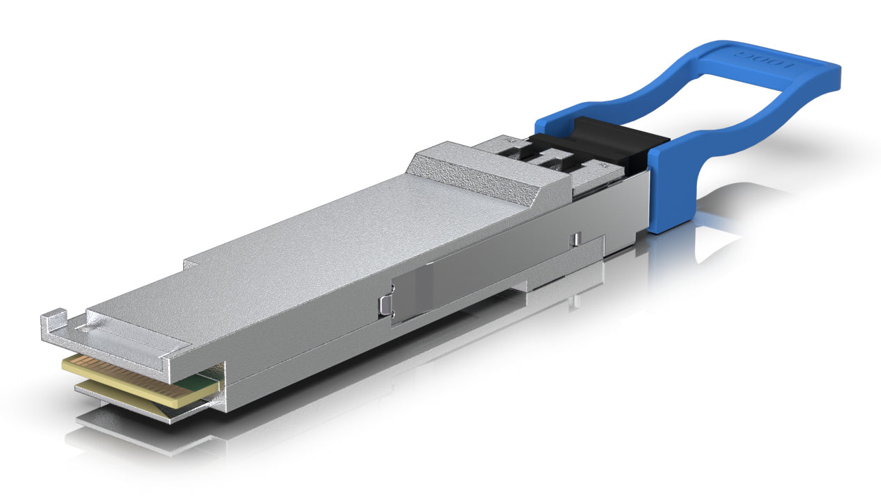 Ubiquiti QSFP28 SFP-Transceiver – 100 Gbit/s, Singlemode, LC (UPC), 10 km, 1270–1309 nm – Blau/Grau