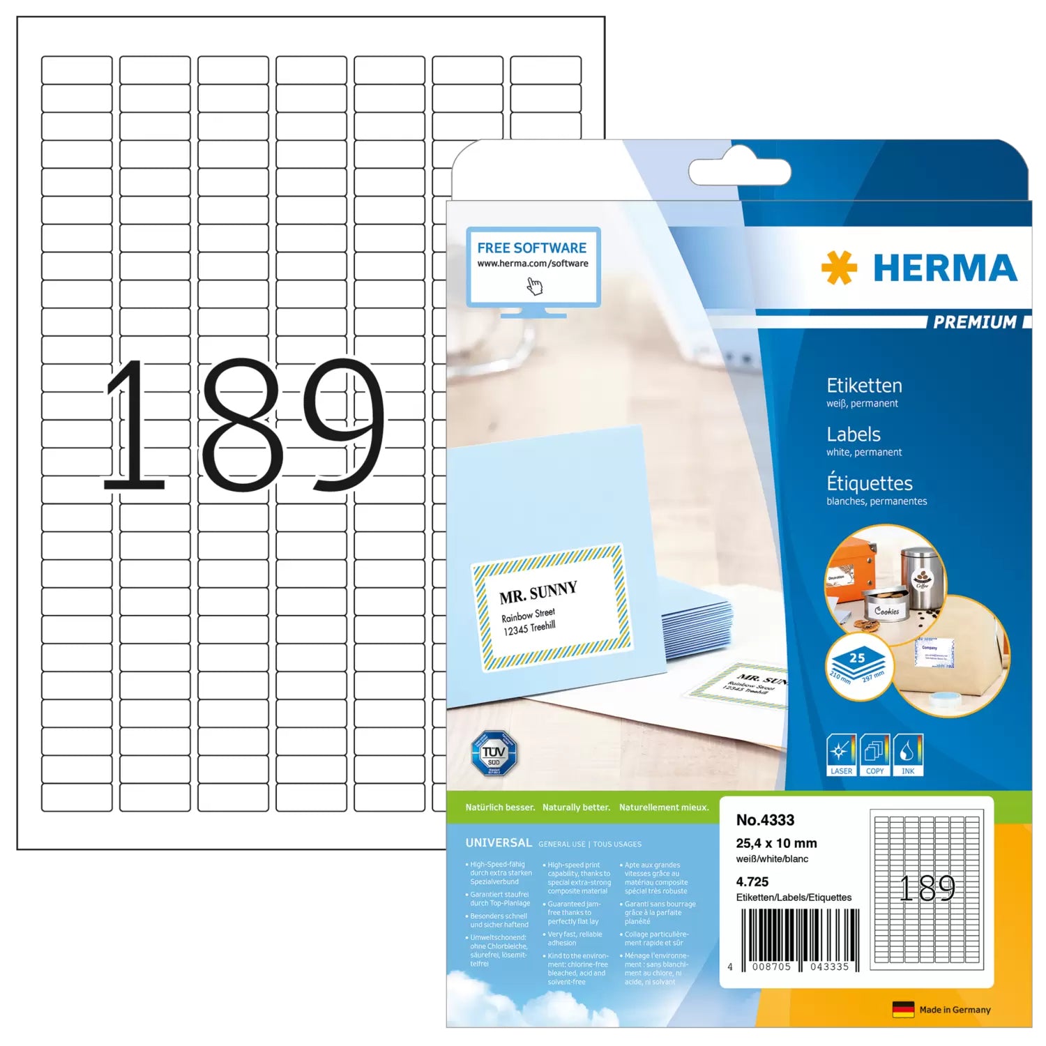 HERMA Druckeretiketten, 25 mm × 10 mm, weiss, Papier, permanent, 25 Blätter (4'725 Etiketten)