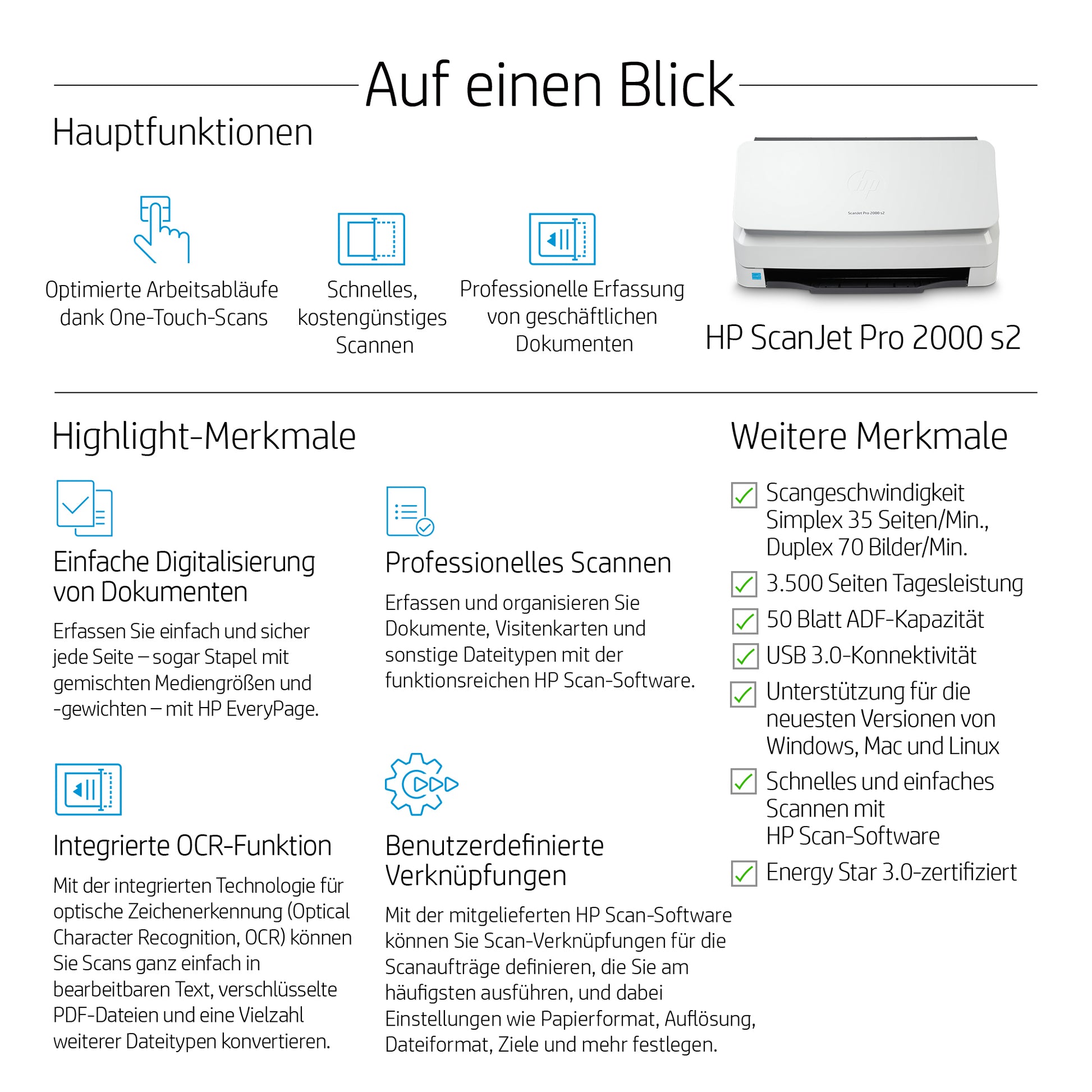 HP ScanJet Pro 2000 s2 – Einzugsscanner, A4, Duplex, ADF 50 Blatt, USB