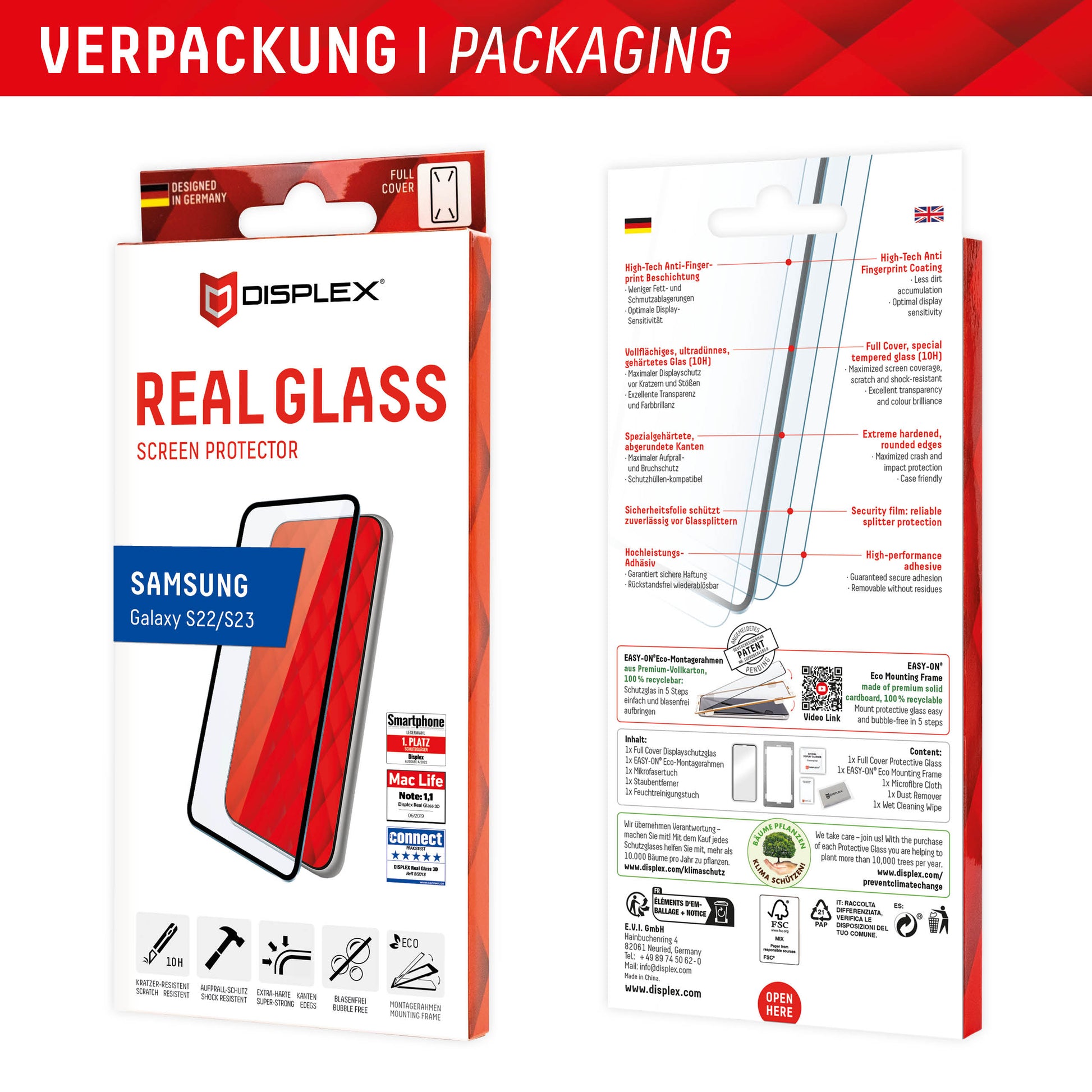 Displex Displayschutz (Panzerglas), Full Cover – für Galaxy S22/S23 – mit Applikator