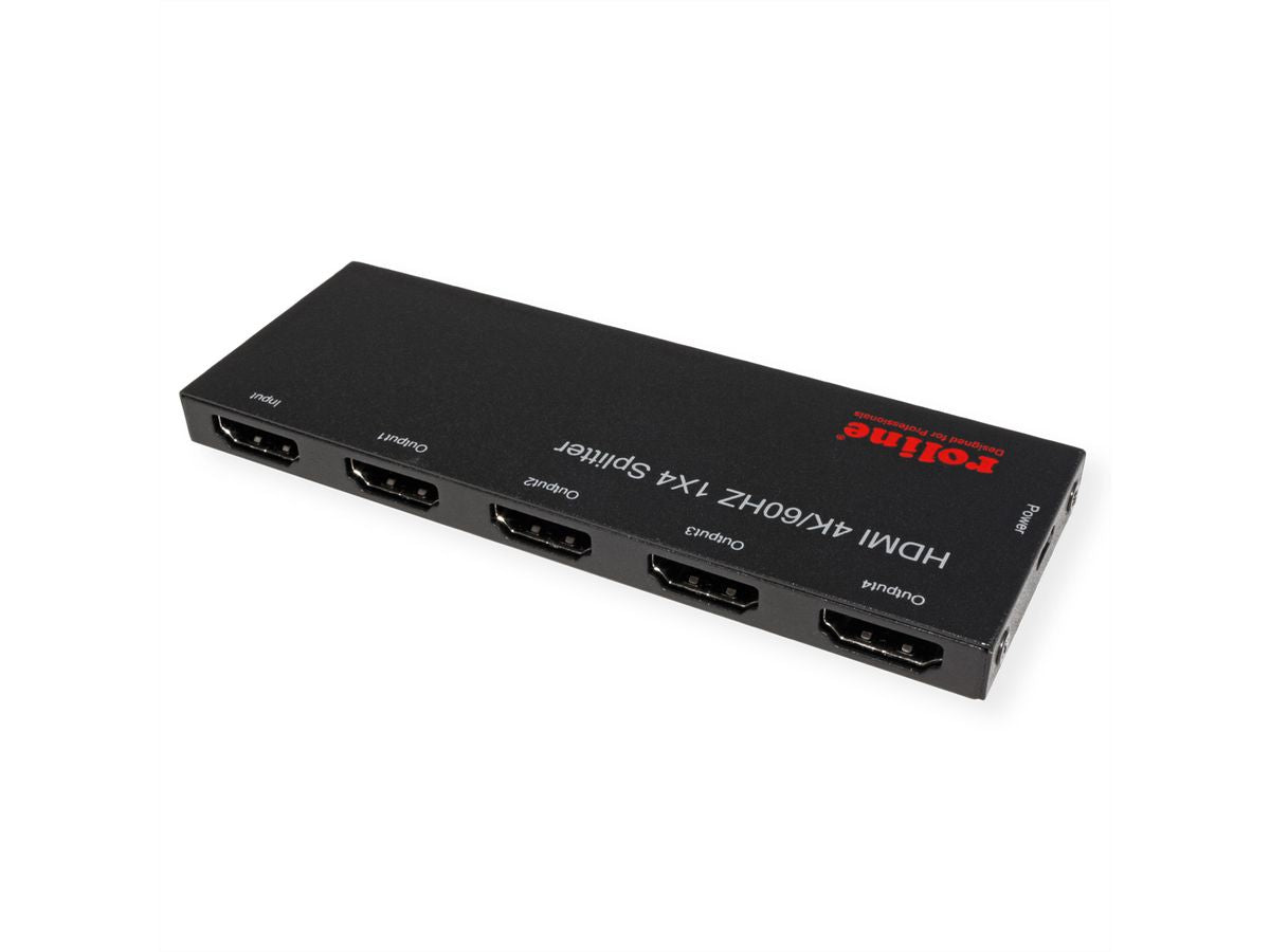 ROLINE HDMI Video-Splitter, 1× HDMI In / 4× HDMI Out, 4K@60 Hz, HDCP 2.2/1.4, USB-Stromversorgung, Schwarz