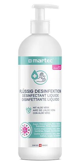 MARTEC Desinfektionsmittel – Kunststoff, weiss, 68 × 205 × 68 mm (B×H×T), 500 ml, mit Pumpe, mit Aloe vera