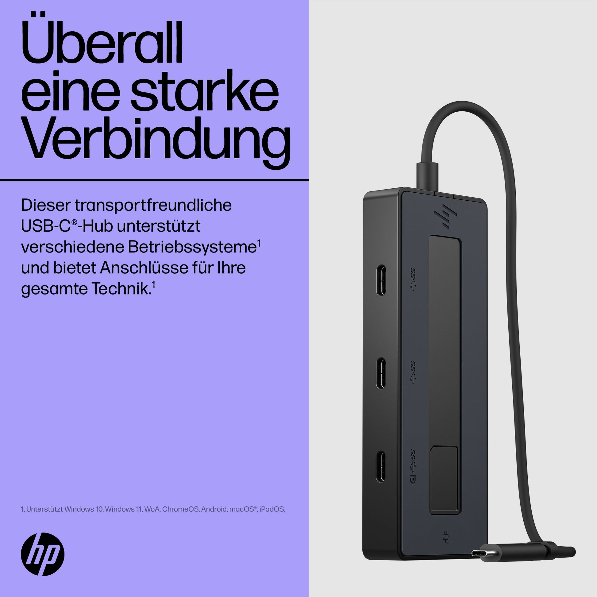 HP Multiport-Adapter – USB-C, 1× DP, 4× USB-C, 65 W PD, für Windows/Mac/ChromeOS