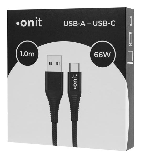 ONIT USB-A auf USB-C Kabel – USB 2.0 (480 Mbit/s) – 1 m – PD 66 W – Textilmantel, Verstärkt – Schwarz