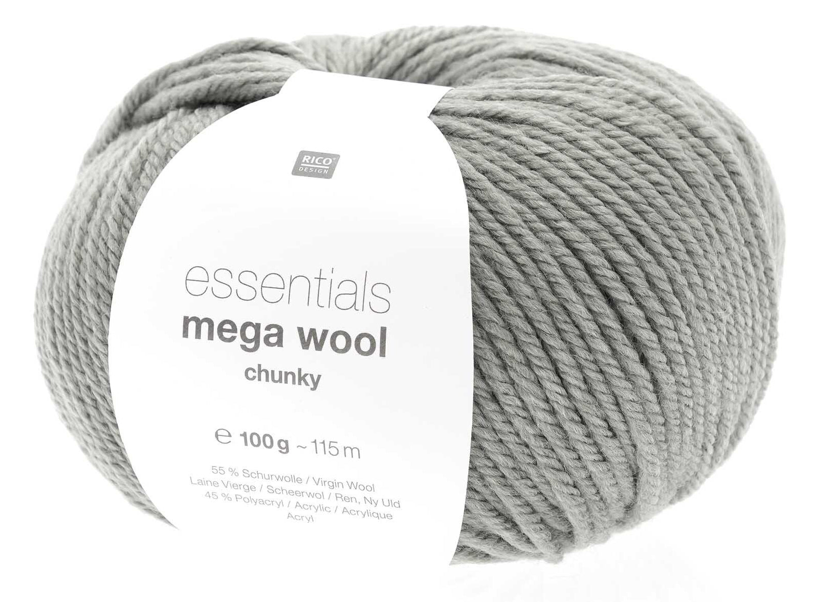 Rico Design Essentials Mega Wool Chunky Wolle Steingrau – 100 g, 125 m, Nadel 6 mm, 55% Schurwolle/45% Polyacryl