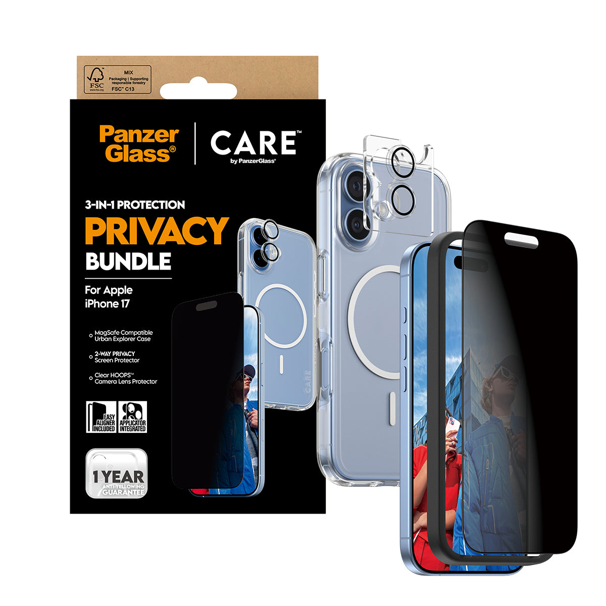 PanzerGlass Bildschirmschutzfolie CARE – für Apple iPhone 17 – Transparent – Privatsphäre-Filter