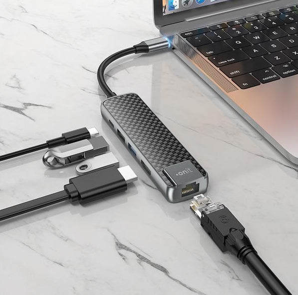 ONIT F00834 Multiport-Adapter – USB-C, 1× HDMI, 2× USB-A, 1× USB-C, 60 W PD, für Windows/Mac/Android