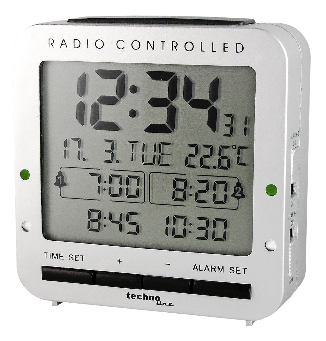 Technoline Digitalwecker – Funk, Snooze, Thermometer, 8 × 8 × 3 cm, Silber