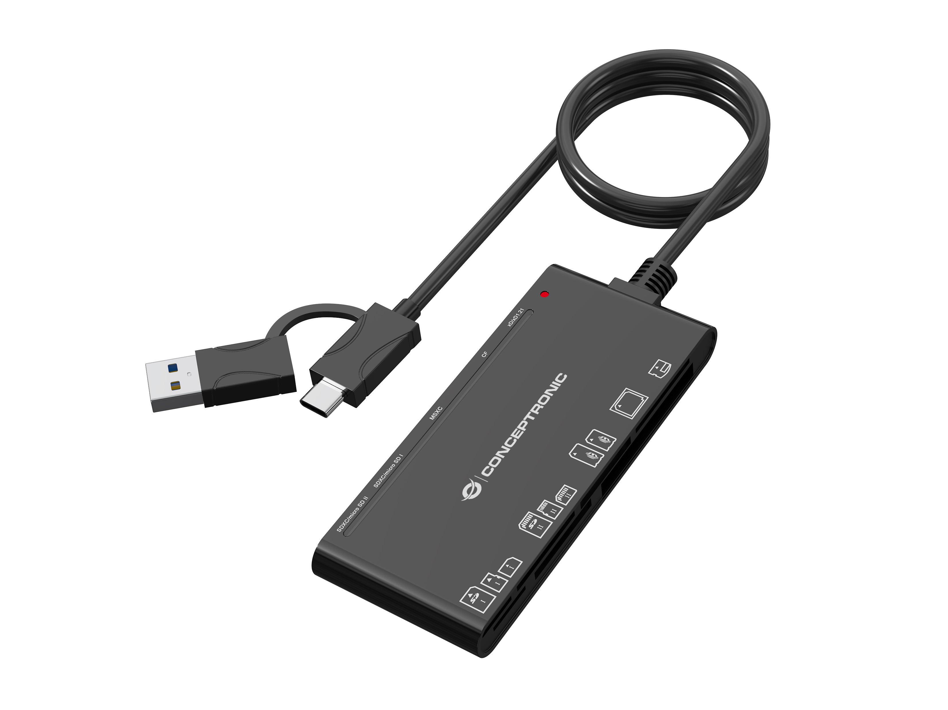 Conceptronic USB-Kartenleser USB-A/USB-C – 7-in-1 – USB 3.2 Gen 1 (5 Gbit/s) – Schwarz