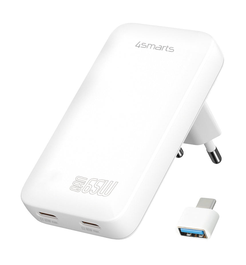 4smarts FlatPlug Slim Dual Ladegerät – 65 W, 2× USB-C, GaN – für Nintendo Switch, Laptop, Smartphone