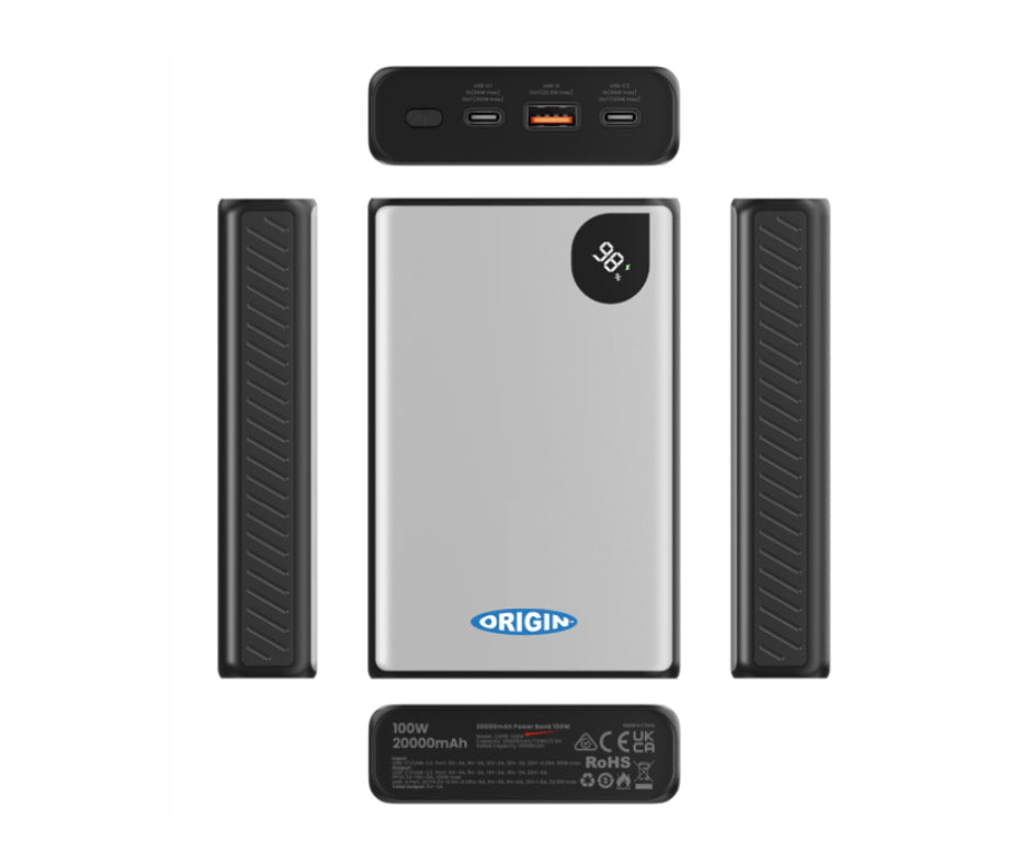 Origin Storage Powerbank 20'000 mAh – 65 W PD, 2× USB-C, 1× USB-A, silber