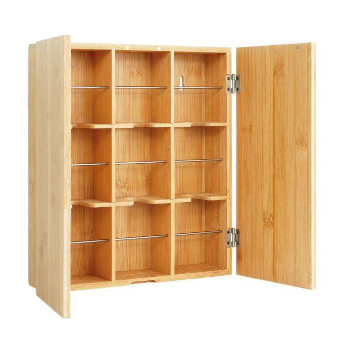 Relaxdays Teebeutelbox Bambus/Edelstahl, 9 Fächer, 26,5 × 7 × 31 cm, Hellbraun