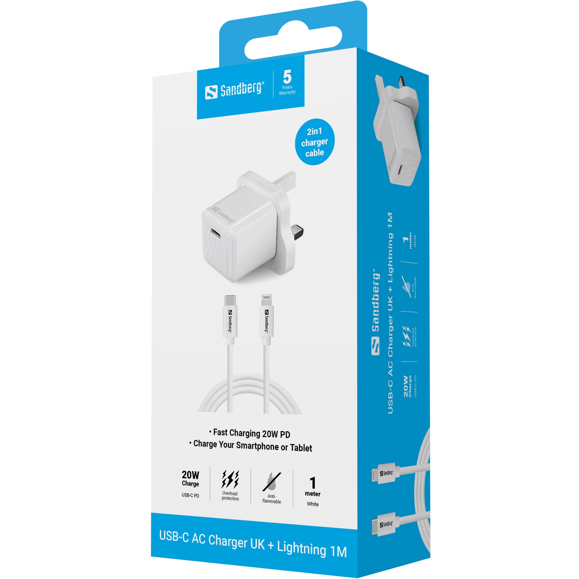 Sandberg USB-Ladegerät 20 W – USB-C×1, PD – UK-Stecker, inkl. USB-C→Lightning 1 m – für iPhone