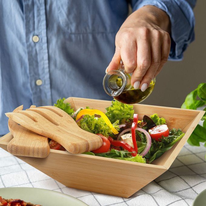 Relaxdays Salatschüssel – 28,0 × 28,0 × 10,0 cm, Bambus, Hellbraun, mit Salatbesteck