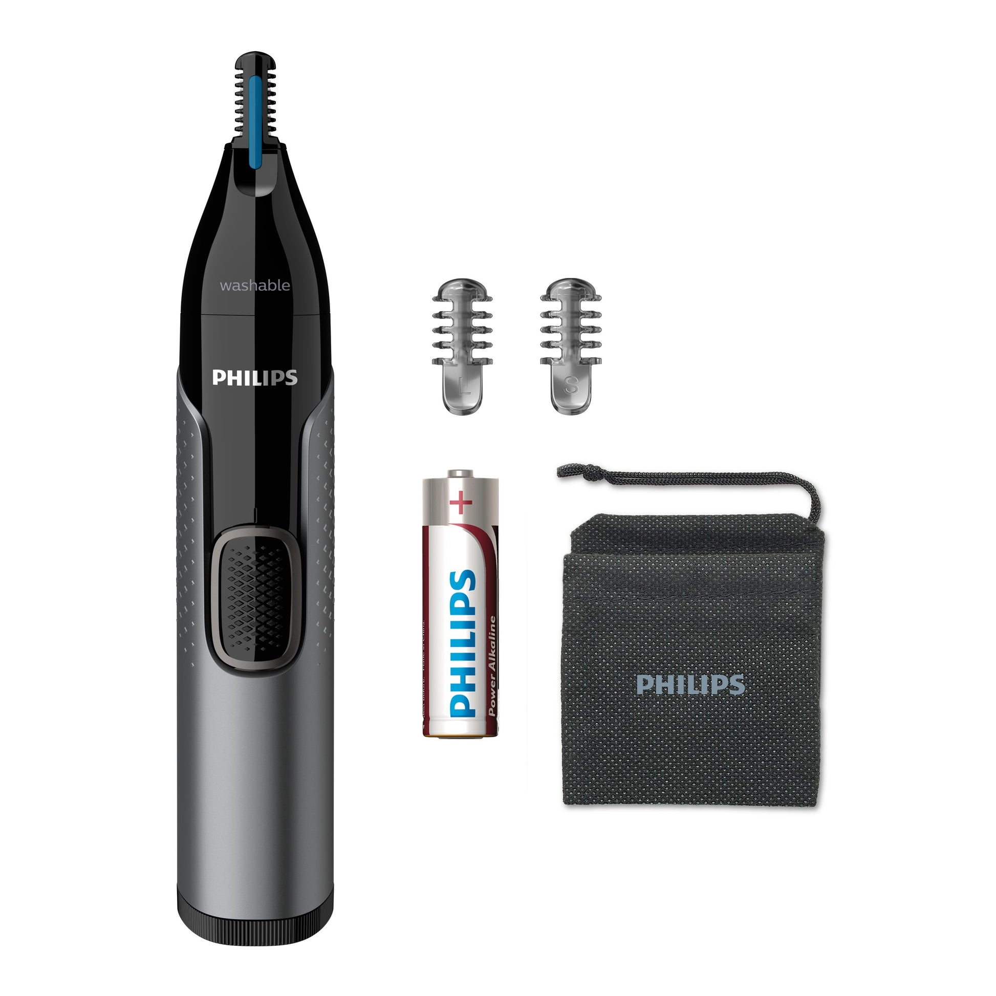 Philips Nasen- & Ohrenhaartrimmer NT3650/16 – batteriebetrieben, 1 × AA, wasserfest – grau, Edelstahlmesser