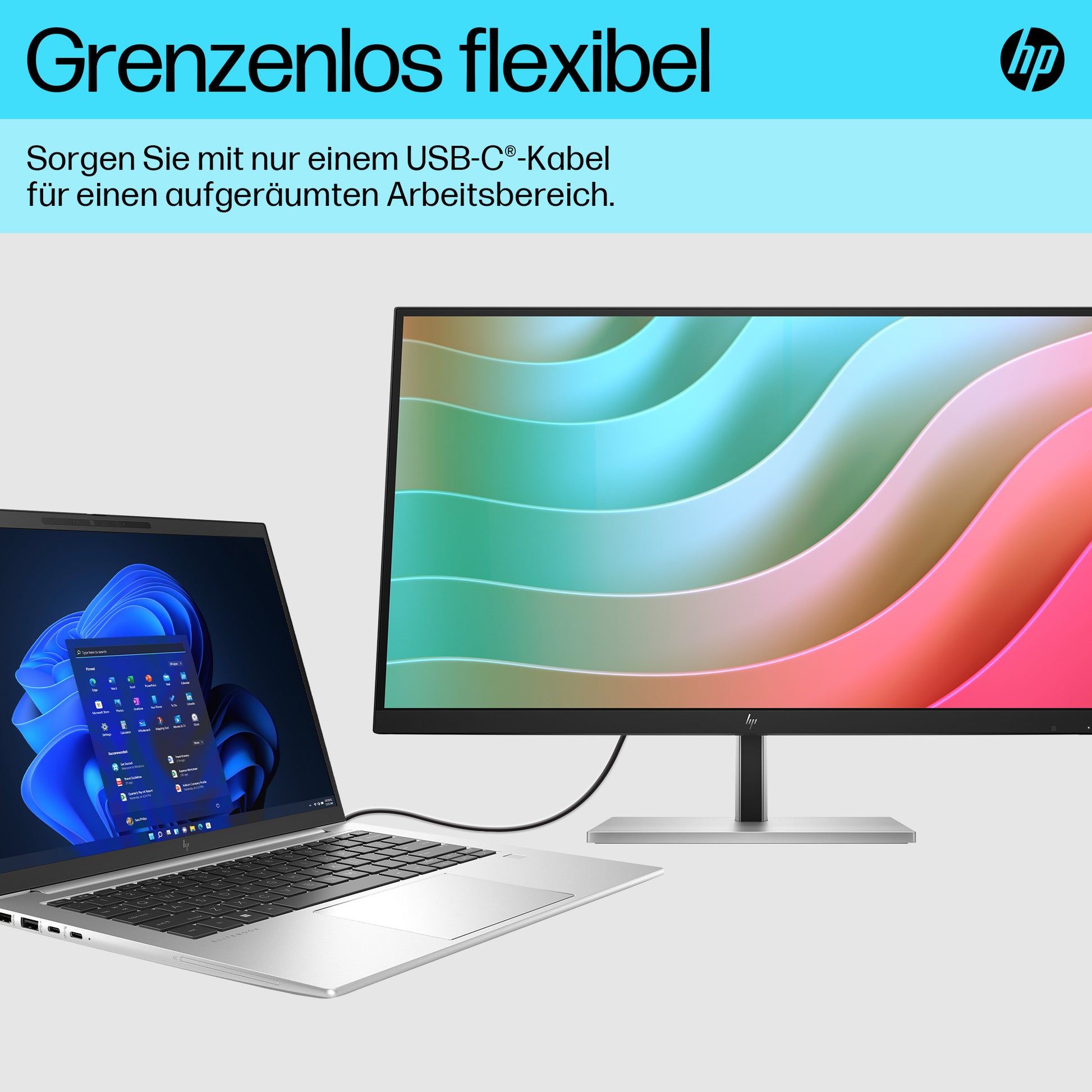 HP E27k G5 – Monitor, 27" 4K UHD (3840 × 2160), IPS, 60 Hz, 350 cd/m², USB-C, Lautsprecher, Schwarz/Silber