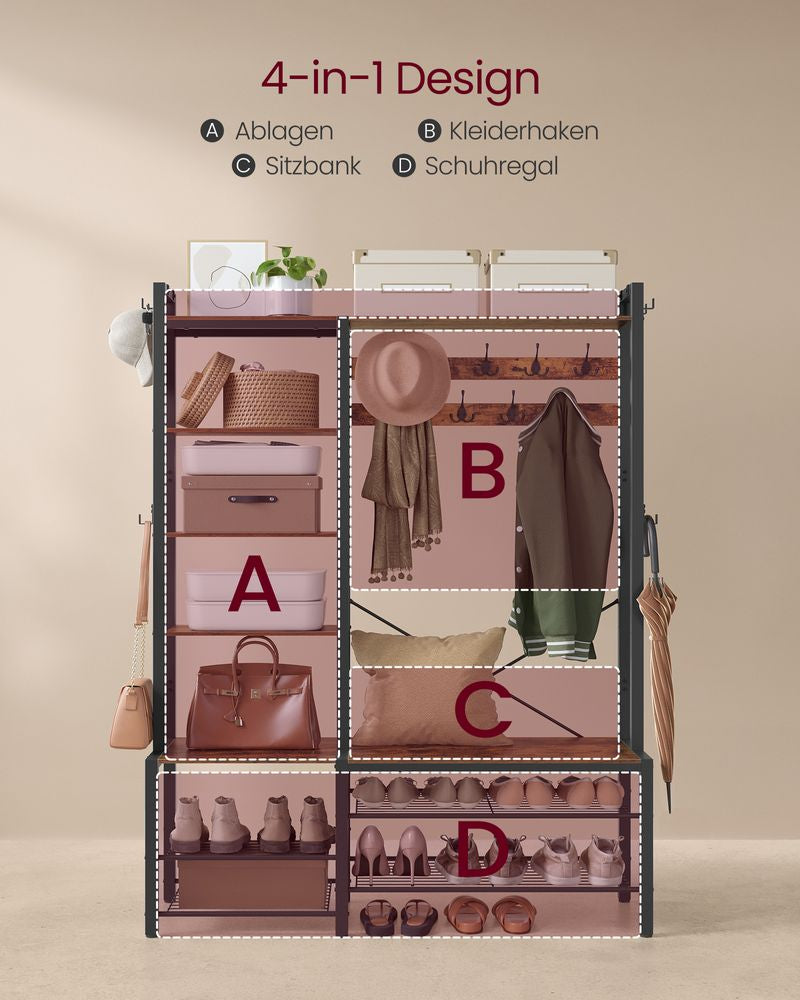 Vasagle Garderobe mit Schuhregal – 9 Haken, mit Ablage, Stahl/Spanplatte, Schwarz/Braun, 120 × 40 × 190 cm