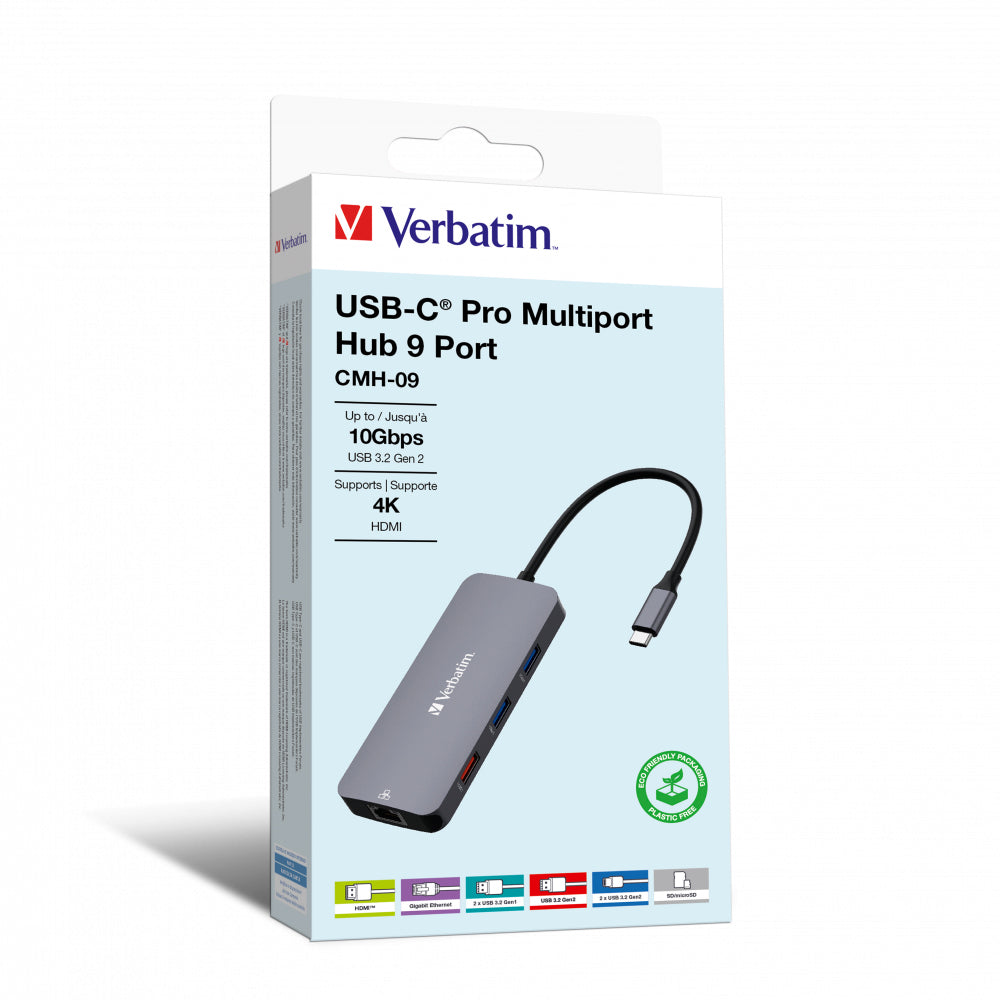 Verbatim CMH-09 Multiport-Adapter – USB-C, 1× HDMI, 3× USB-A, 2× USB-C, GbE, SD/microSD, für Windows/Mac/Linux