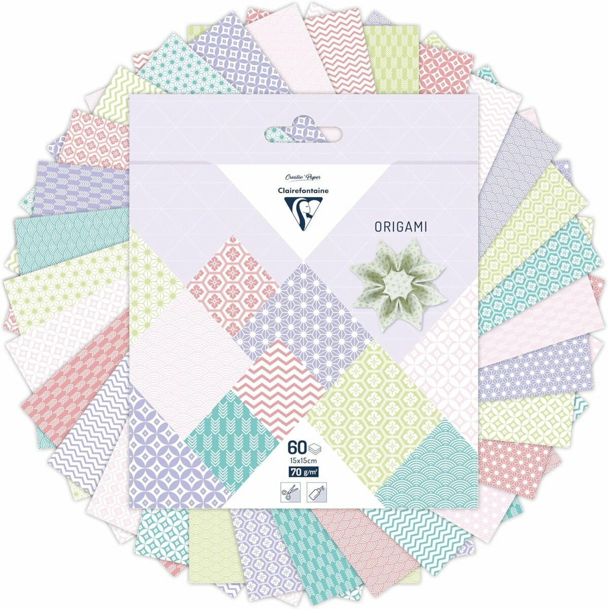 Clairefontaine Origamipapier Frühling – 15 × 15 cm, mehrfarbig, 70 g/m² – 60 Blatt
