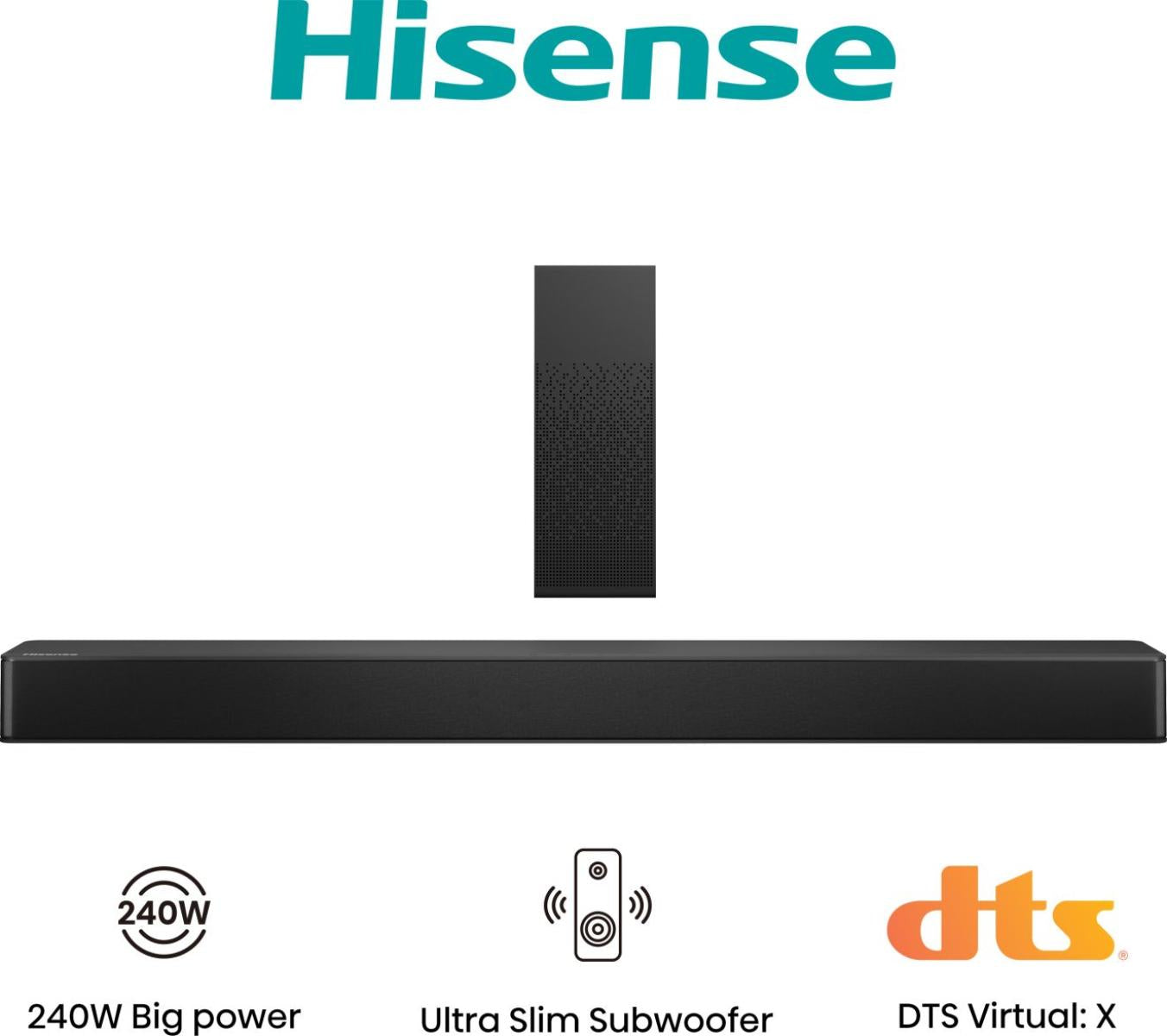 Hisense HS2100 – Soundbar – 2.1, DTS Virtual:X/Dolby Digital, mit kabellosem Subwoofer, 240 W – Schwarz