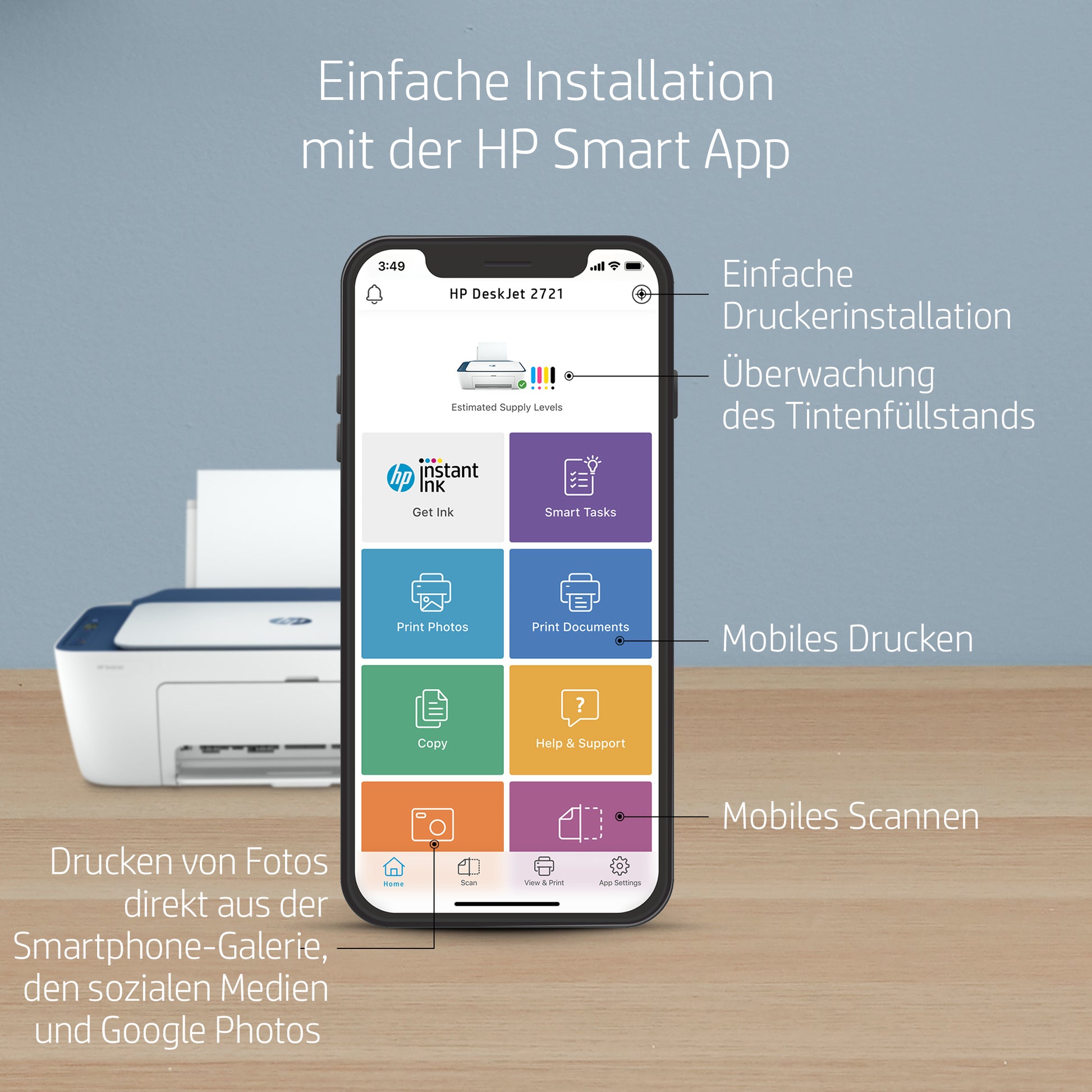 HP DESKJET 2721 ALL IN ONE – Farbtintenstrahl-Multifunktionsdrucker, A4, 3-in-1, Duplex, WLAN, AirPrint