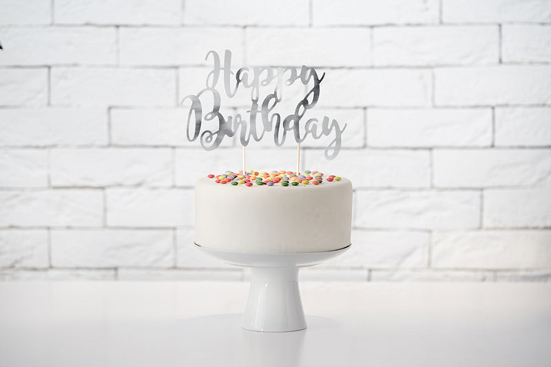 PartyDeco Kuchentopper Happy Birthday – silber – Höhe 22,5 cm – Papier – 1 Stk