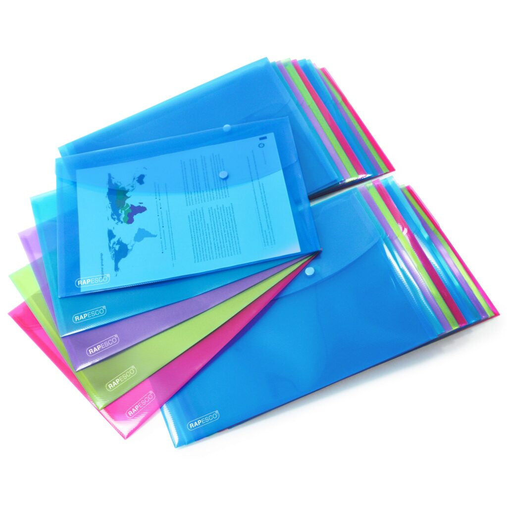 Rapesco Dokumententasche A4+, Druckknopf, assortiert, transparent – 40 Stück