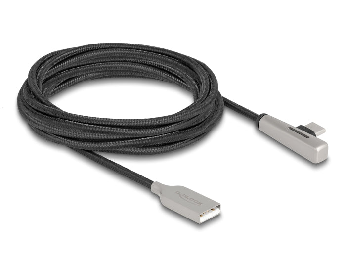 DeLOCK USB-A auf USB-C Kabel – USB 2.0 – 3 m – PD 60 W – Abgewinkelt, Textilmantel – Schwarz/Silber