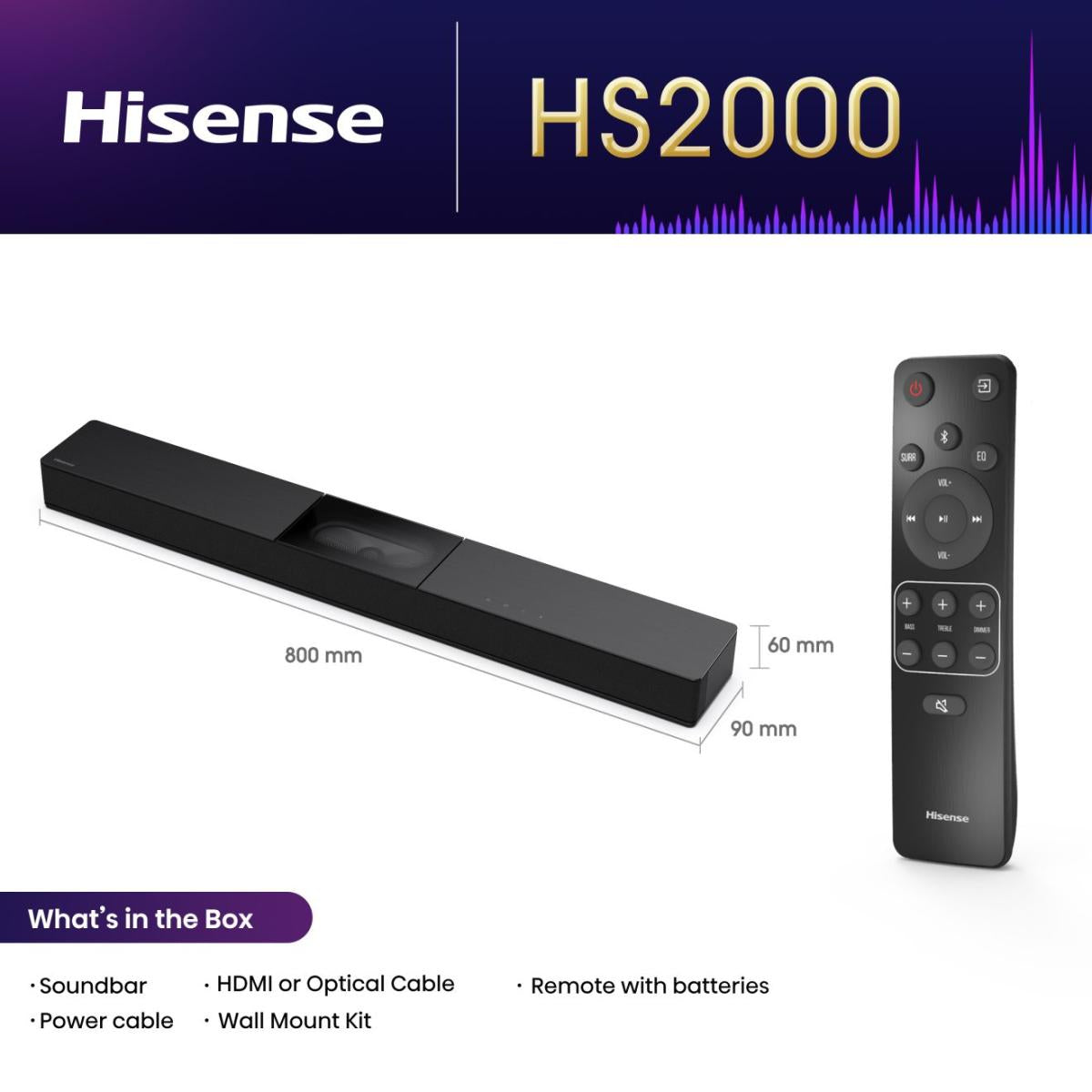 Hisense HS2000 – Soundbar – 2.1, DTS Virtual:X/Dolby Digital Plus, mit integriertem Subwoofer, 240 W – Schwarz