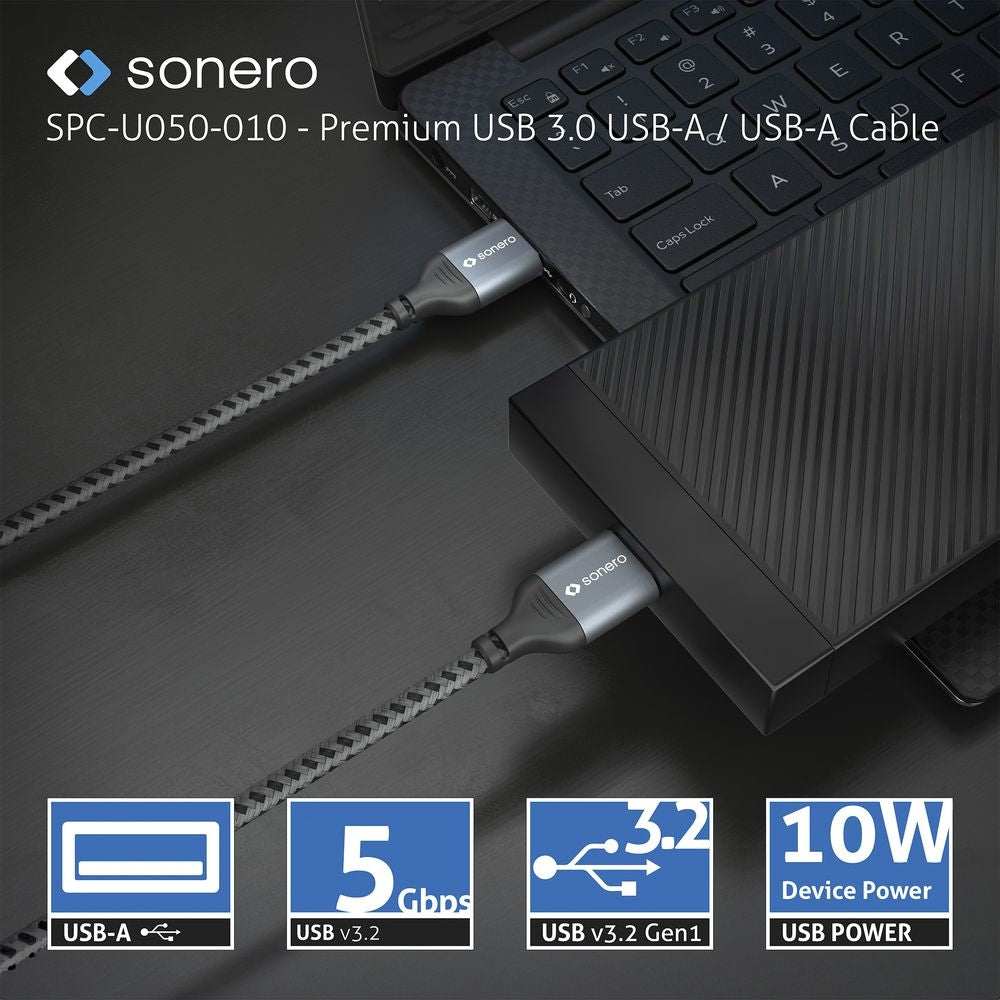 Sonero – USB-A auf USB-A Kabel – USB 3.2 Gen 1 (5 Gbit/s) – 1,5 m – Geflochten, Verstärkt – Schwarz/Grau