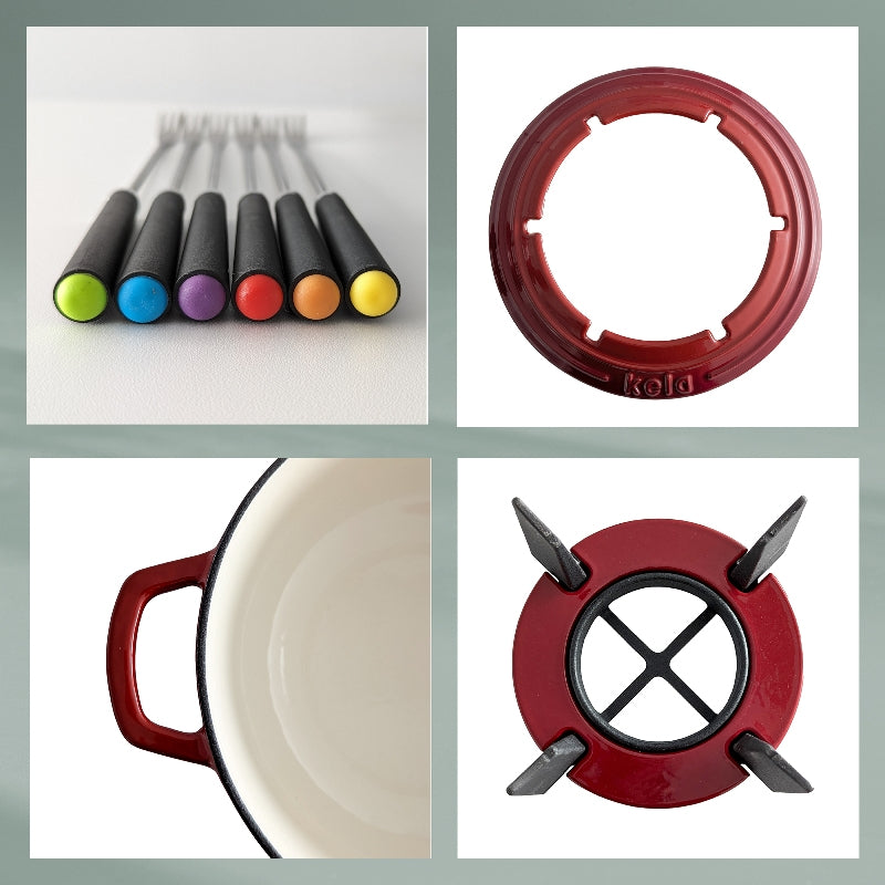 Kela Fondue-Set – Ø 20 cm, Gusseisen, für Käsefondue, Elektro, Rot, 6 Pers., 11 Teile